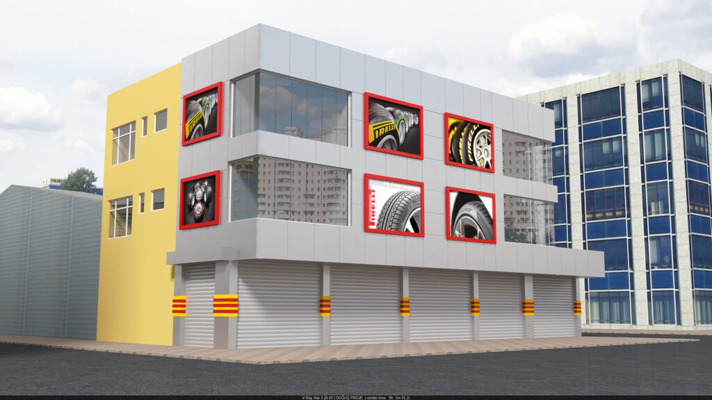 Pirelli ışıklı tabela uygulaması ve modern otomotiv mağaza cephesi