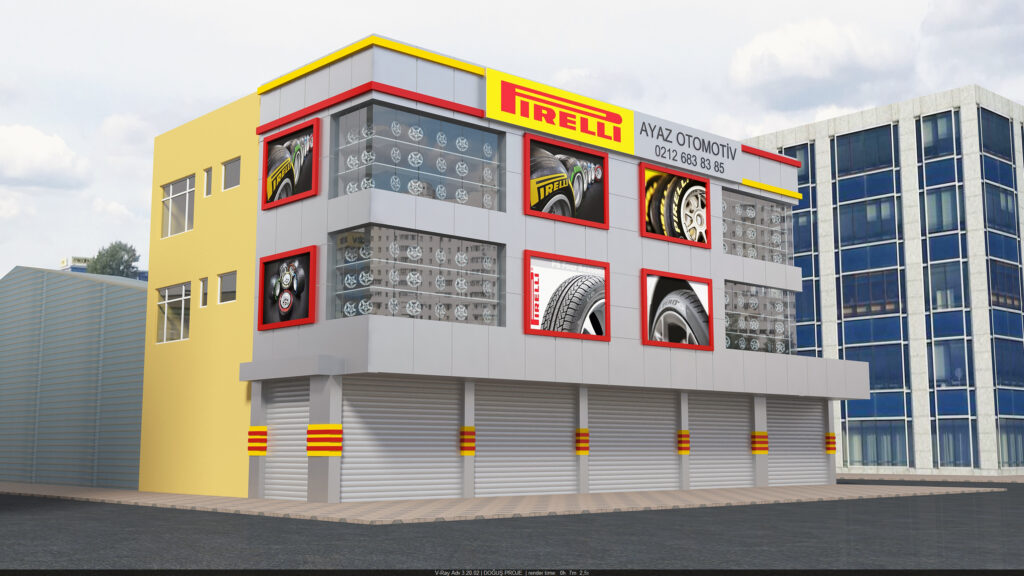 Ayaz Otomotiv Pirelli bayii kurumsal cephe tasarımı ve tabela çalışması
