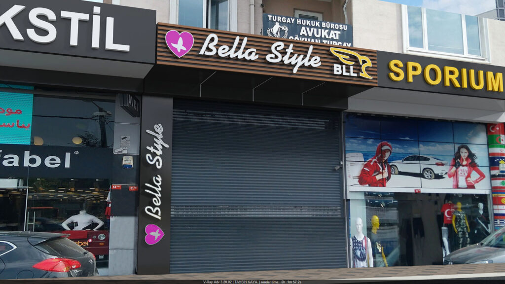 Bella Style dış cephe tasarımı, lensli LED aydınlatmalı harf uygulaması