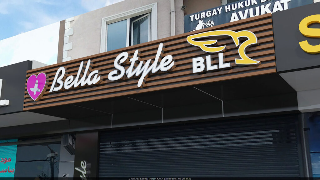 Bella Style yan pano tasarımı, dikey yazı ve kalp logo detayı