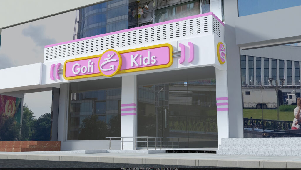 Gofi Kids Laleli çocuk giyim mağazası beyaz kompozit cephe