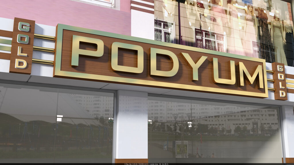 Gold Podyum Giyim siyah kompozit ve altın detaylı tabela