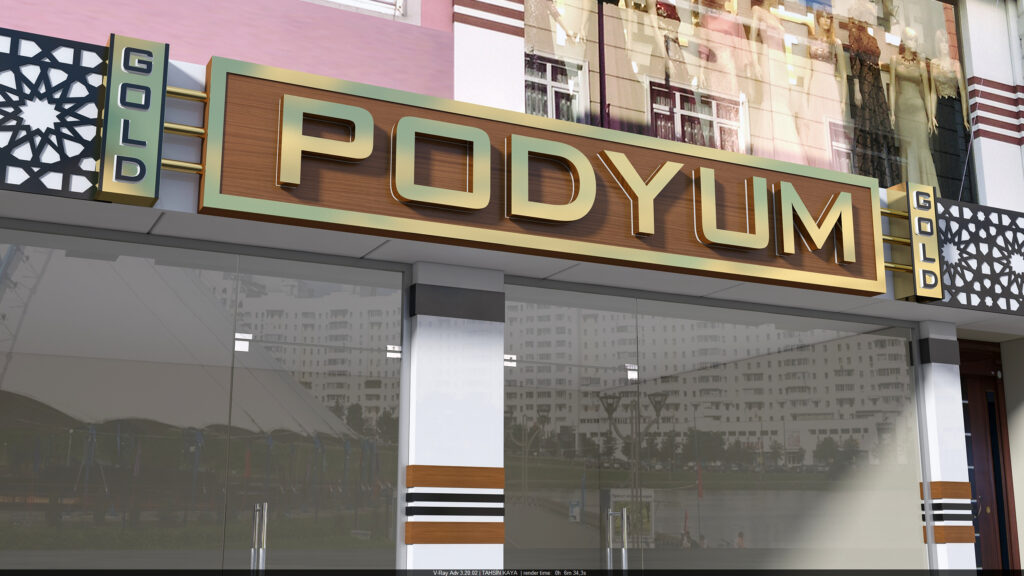 Mağaza girişinde altın kutu harf tabela detayı