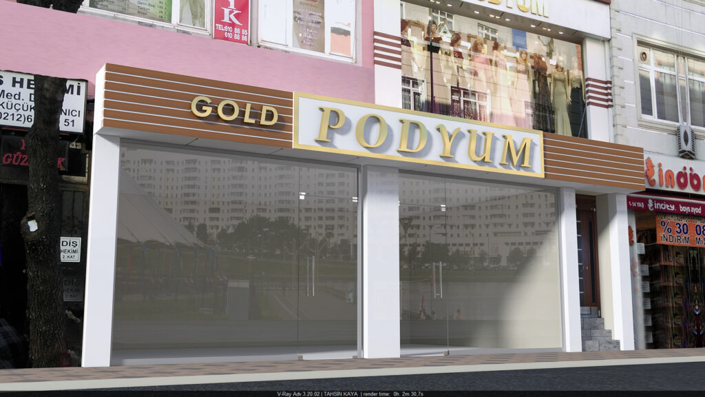 Gold Podyum mağaza tabelasında ışıklı kutu harfler