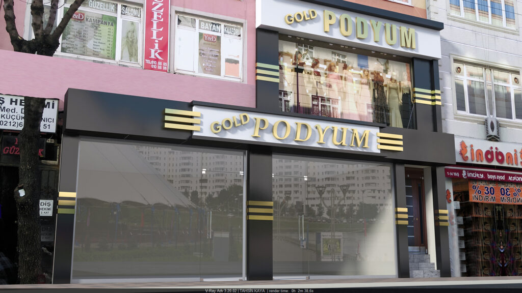 Siyah kompozit cephe üzerine altın kutu harf tabela uygulaması