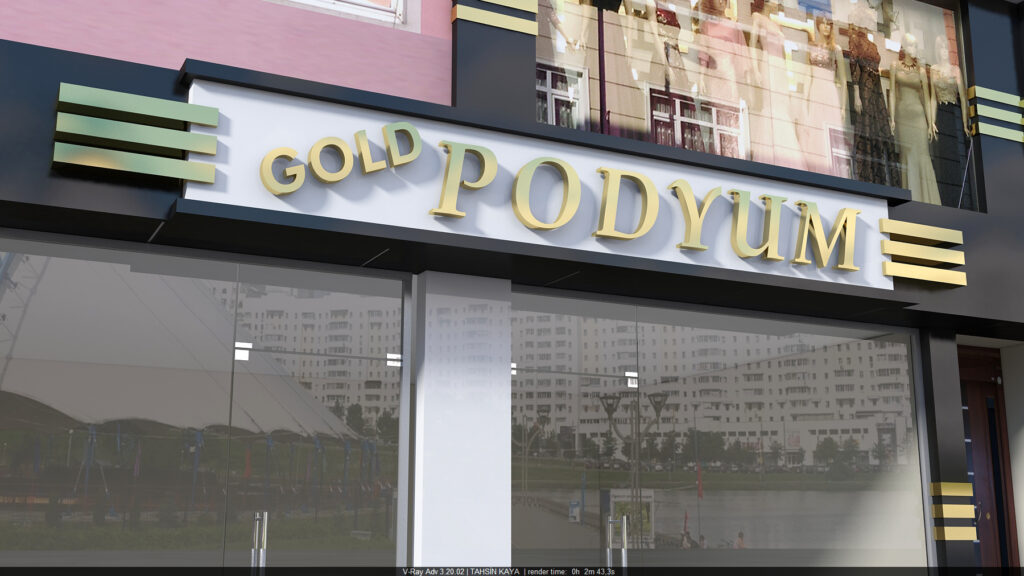 Gold Podyum Giyim için modern vitrin ve tabela tasarımı