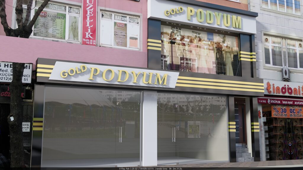 Altın kutu harf ve siyah kompozit zemin üzerinde tabela