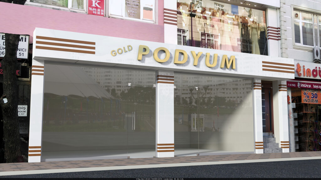 Şık dekoratif şeritlerle desteklenen mağaza cephesi