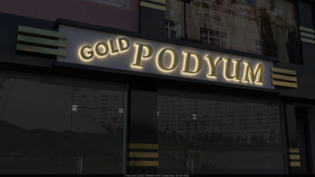 Gold Podyum mağaza cephesi altın paslanmaz harf görünümü