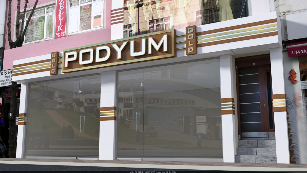 Altın paslanmaz harf tabela ve siyah kompozit zemin uyumu