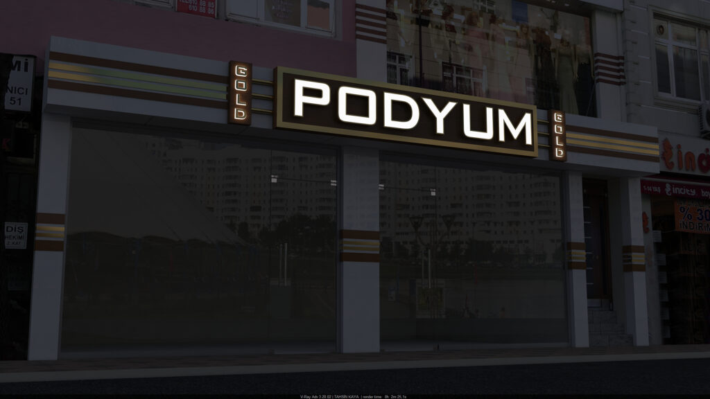 Gece LED aydınlatmalı Gold Podyum tabela görünümü
