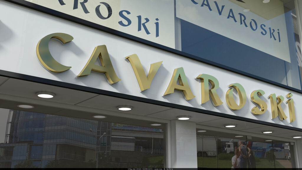 Altın paslanmaz çelik harflerin yakından görünümü – Cavaroski mağazası