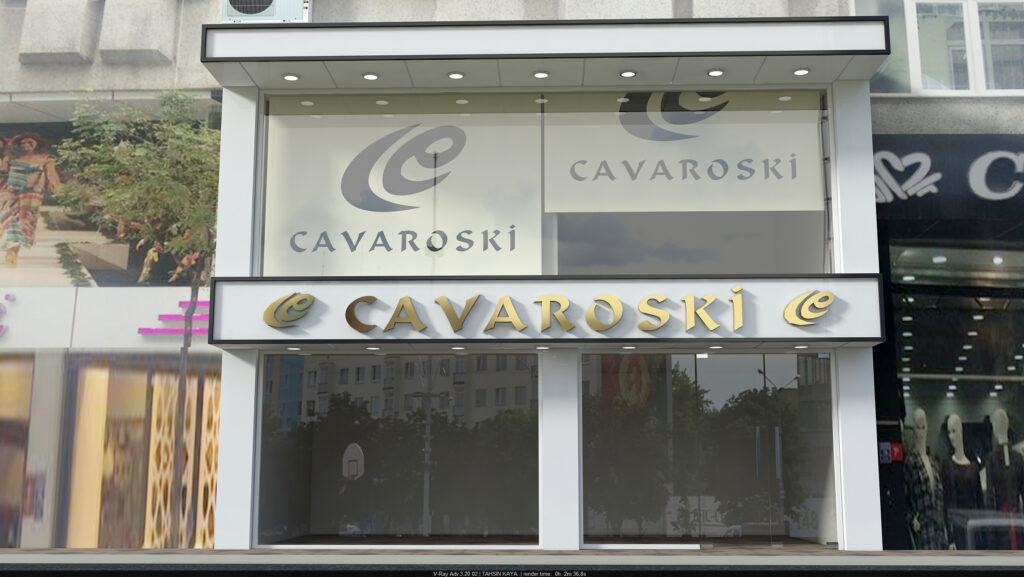 Logo baskılı stor perdelerle modern vitrin tasarımı – Zeytinburnu Cavaroski