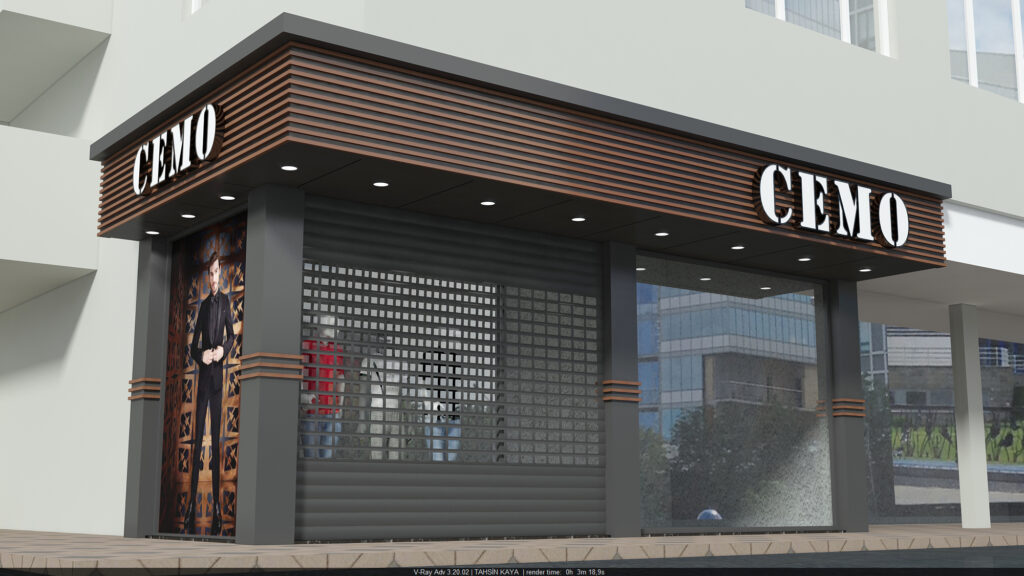 CEMO mağazası ön cephe tasarımı, modern vitrin ve tabela entegrasyonu
