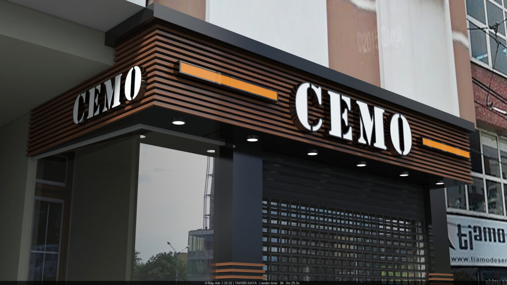 Cemo Giyim Gaziantep mağazası kurumsal kimlik uyumlu tabela çalışması