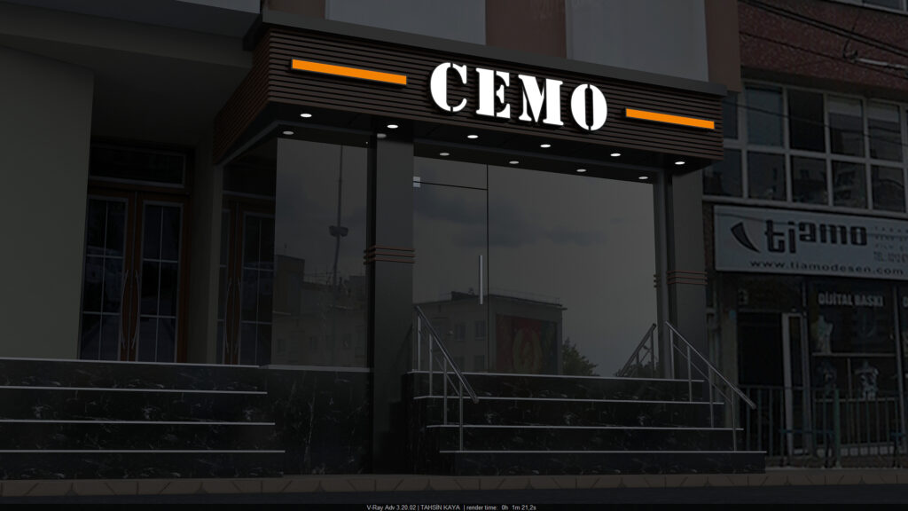 Cemo Giyim mağaza girişi ahşap çıta süslemeli modern cephe