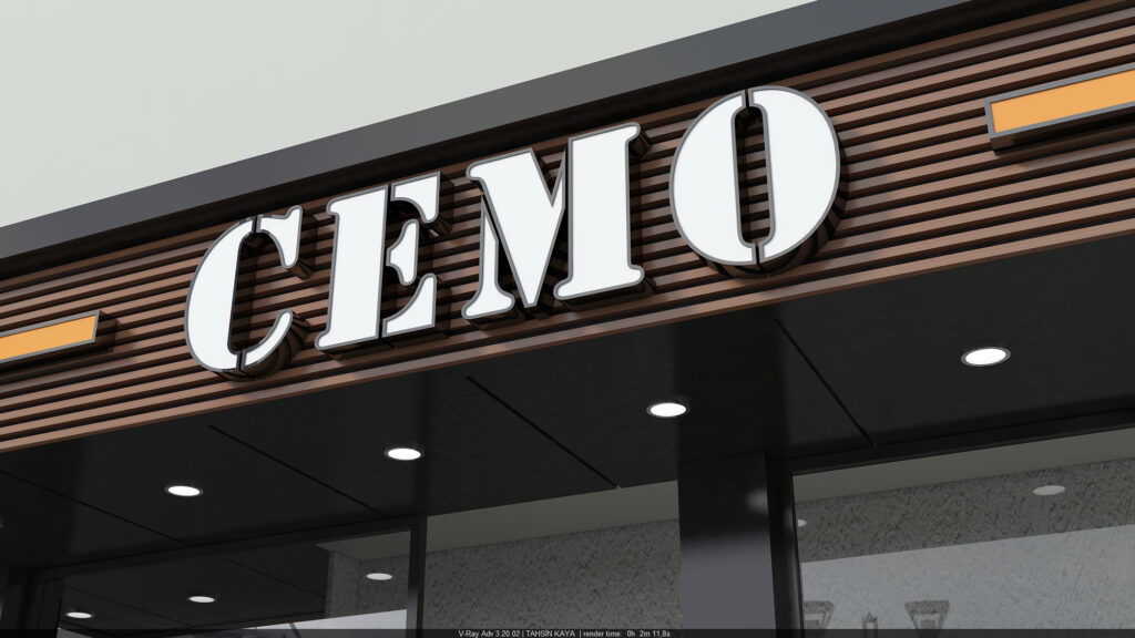 Modern mağaza cephesi tasarımı, kompozit kaplama ve ışıklı harf kombinasyonu