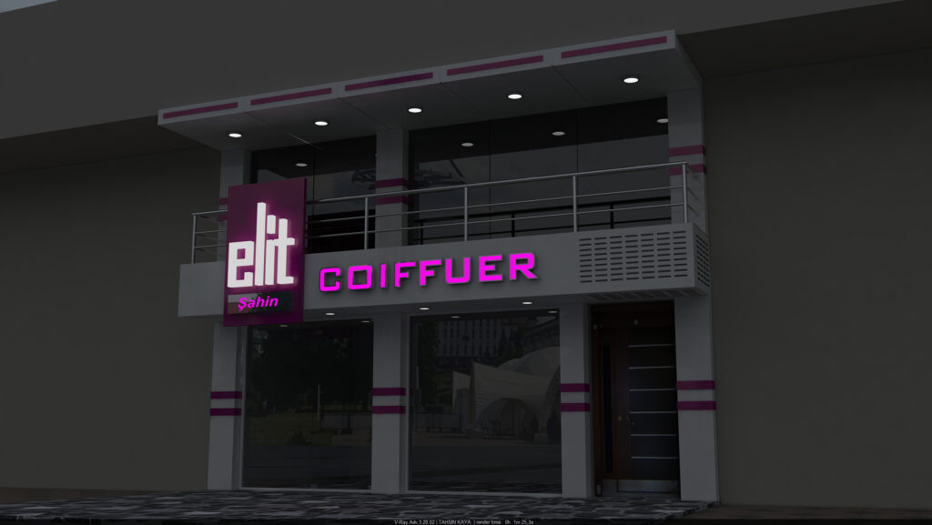 Elit Kuaför dış cephe ve tabela uygulamasının gece görünümü